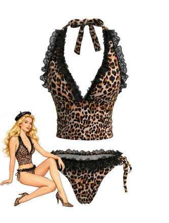 Braunes 80er Bikini-Set mit Neckholder und Leoparden-Print