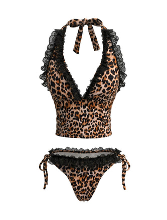 Braunes 80er Bikini-Set mit Neckholder und Leoparden-Print