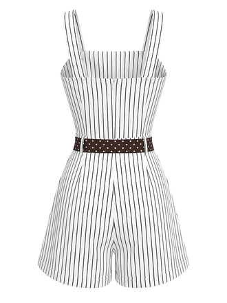 Ärmelloser Jumpsuit mit Gürtel im Stil der 1980er Jahre mit Nadelstreifen- und Punktmuster für einen sommerlichen Retro-Look