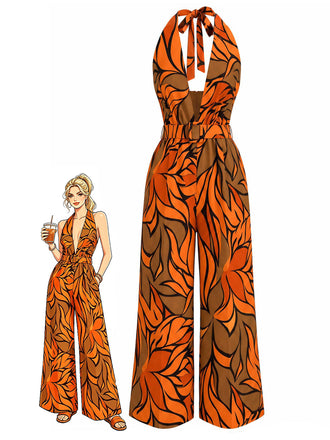 70er Tropen Jumpsuit mit Tiefer V-Ausschnitt und Neckholder