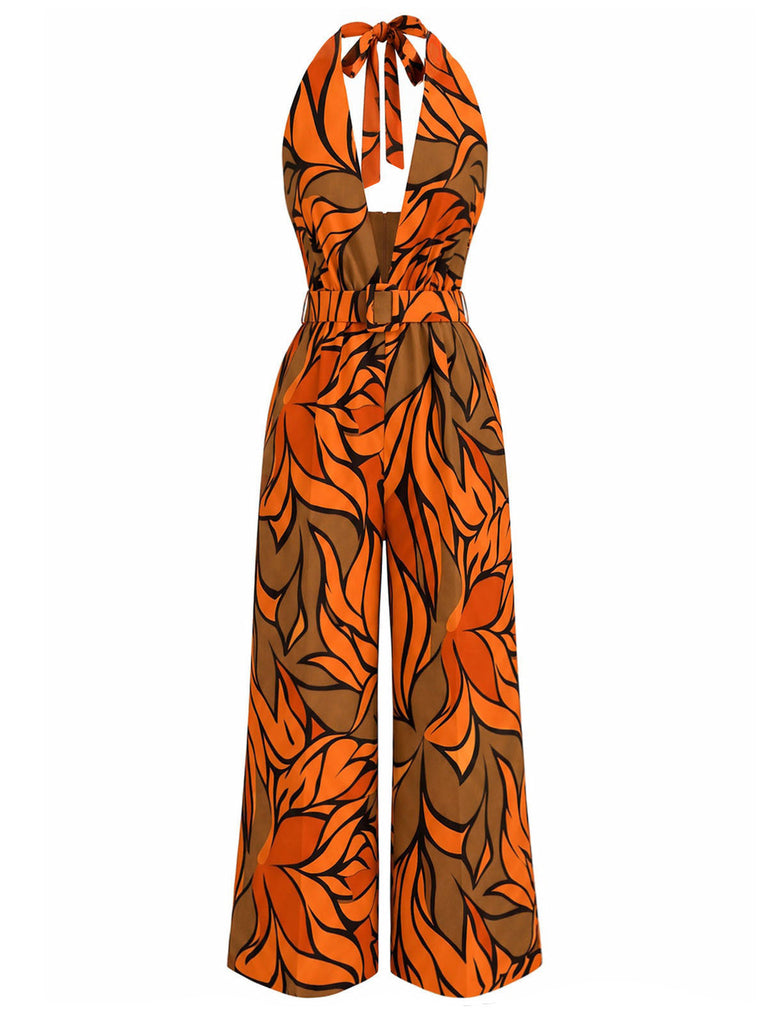 70er Tropen Jumpsuit mit Tiefer V-Ausschnitt und Neckholder