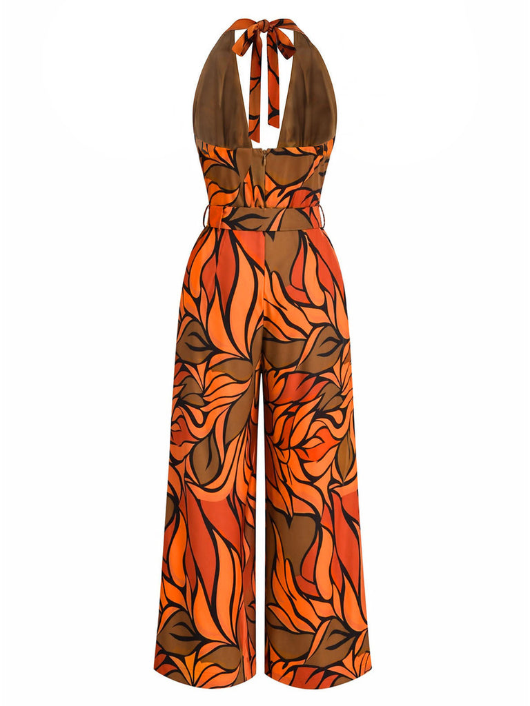70er Tropen Jumpsuit mit Tiefer V-Ausschnitt und Neckholder