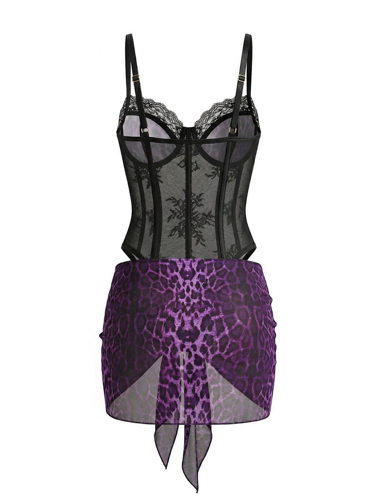 Rückseite: Leoparden-Spitzenbody mit Schürze im eleganten Vintage-Stil der 1980er-Jahre, perfekt für Liebhaberinnen von Vintage-Mode.