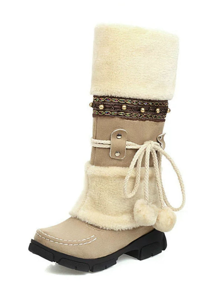 Vintage Kunstpelz Bommel Winter Schnee Stiefel