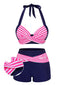 Rosa & blau gestreifter 1950er Halter-Badeanzug