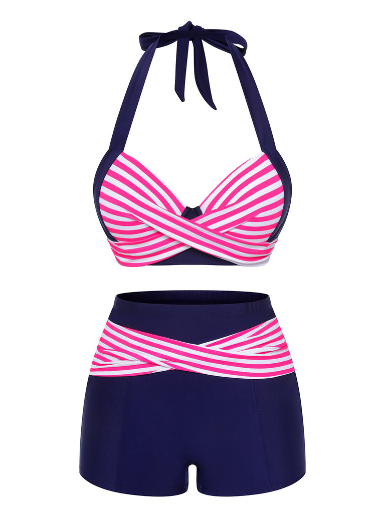 Rosa & blau gestreifter 1950er Halter-Badeanzug
