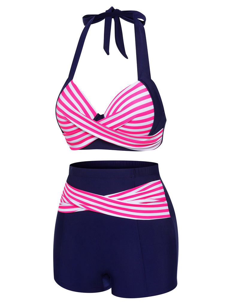 Rosa & blau gestreifter 1950er Halter-Badeanzug
