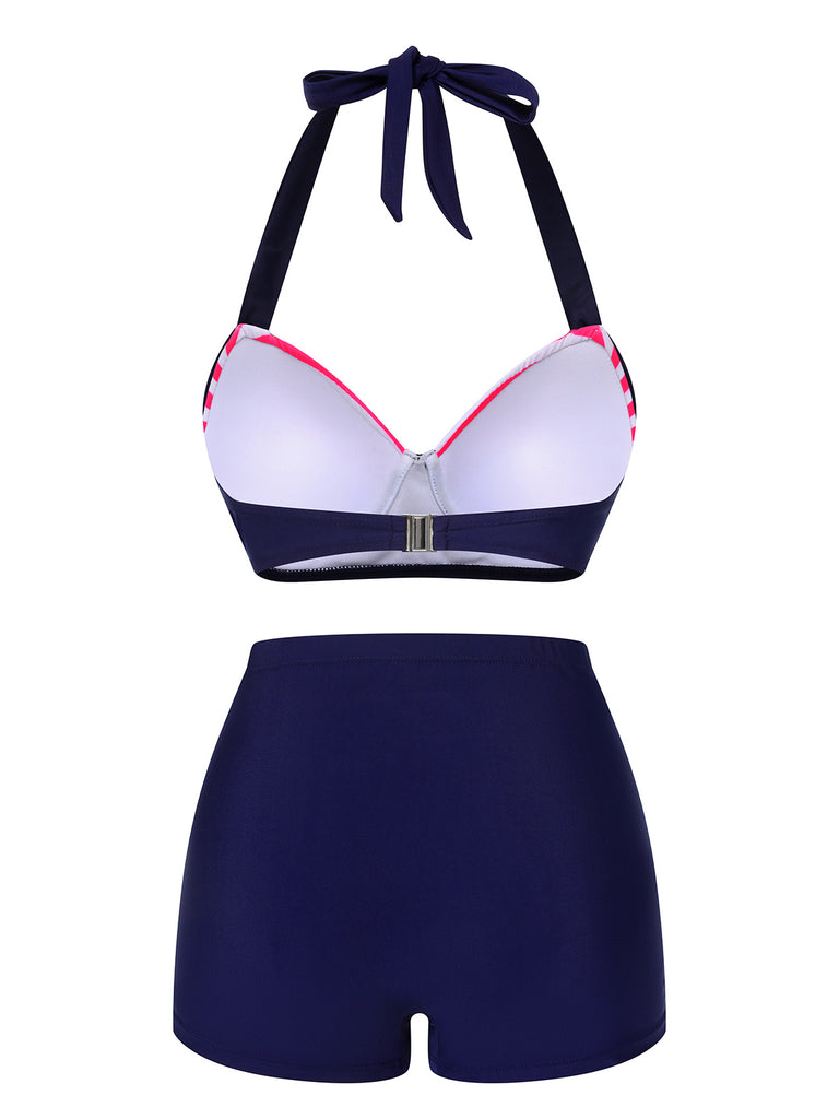 Rosa & blau gestreifter 1950er Halter-Badeanzug