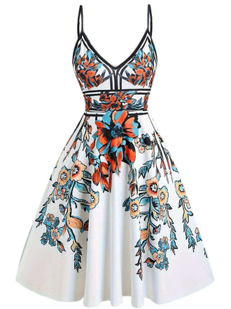 [Übergröße] Multicolor 1950er Blumen Spaghetti Träger Kleid