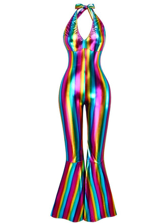 Mehrfarbig 1970er Regenbogen Farbblock Disko Halter Jumpsuit