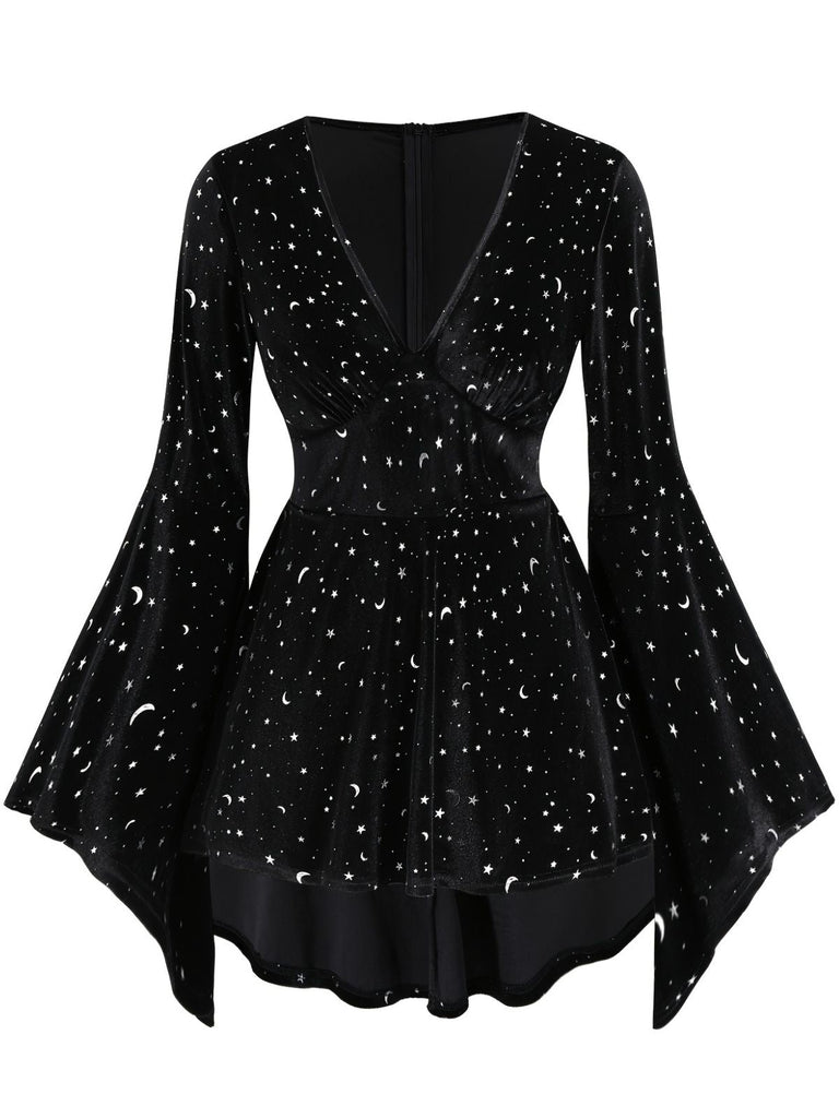 [Übergröße] Schwarz 1960er Stern V-Ausschnitt Samt Kleid
