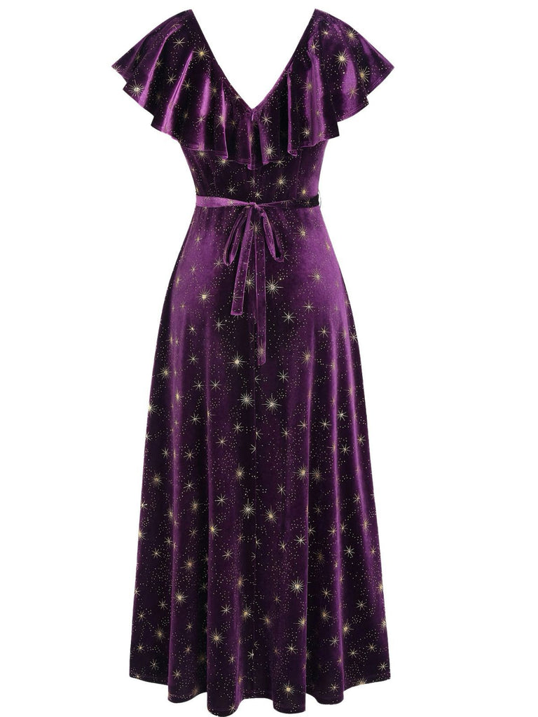 Lila 1940er Samt V-Ausschnitt Stern Rüschen Kleid