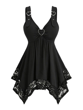 [Übergröße] Schwarz 1970er Solide Herz Taste Spitze Tunika Top