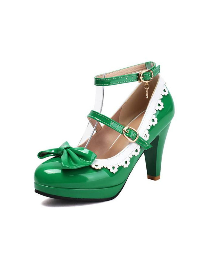 Vintage Bogen Farbblock Schnalle Mary Jane Schuhe