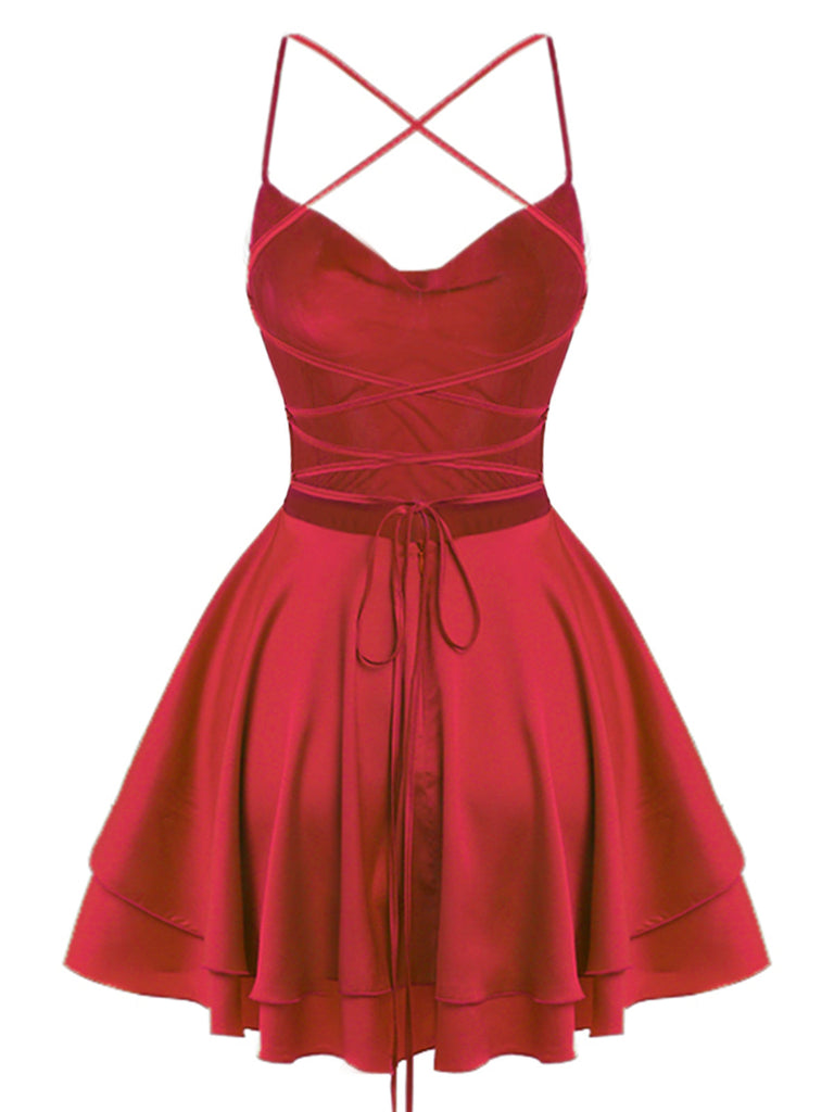 1960er Solide Satin Zurück Schnürung Mini Kleid