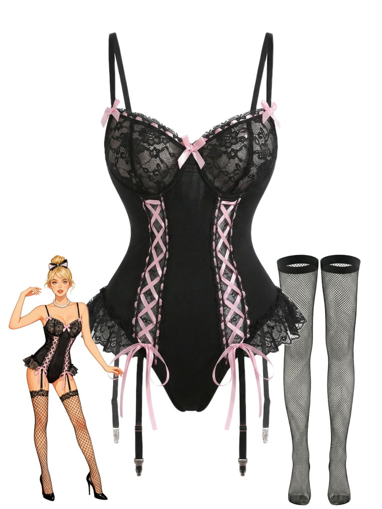 [Vorverkauf] Schwarz 1960er Spitze Bogen Korsett Unterwäsche mit Netz Strümpfe