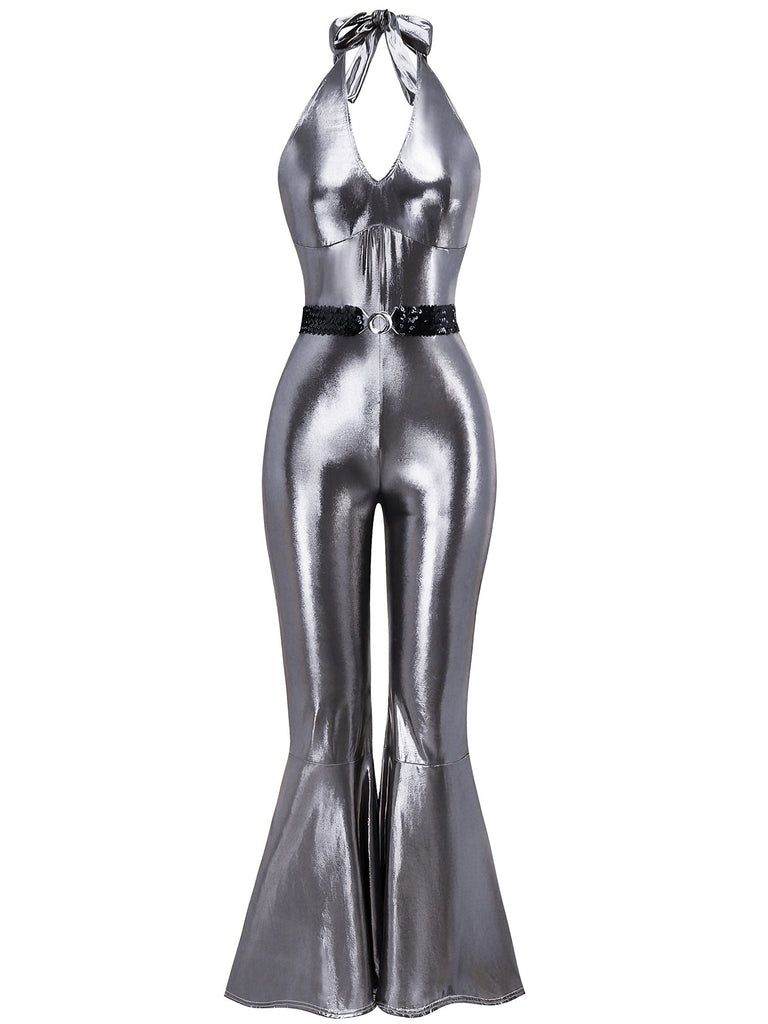 1970er Solide Metallisch Disko Halter Gürtel Jumpsuit