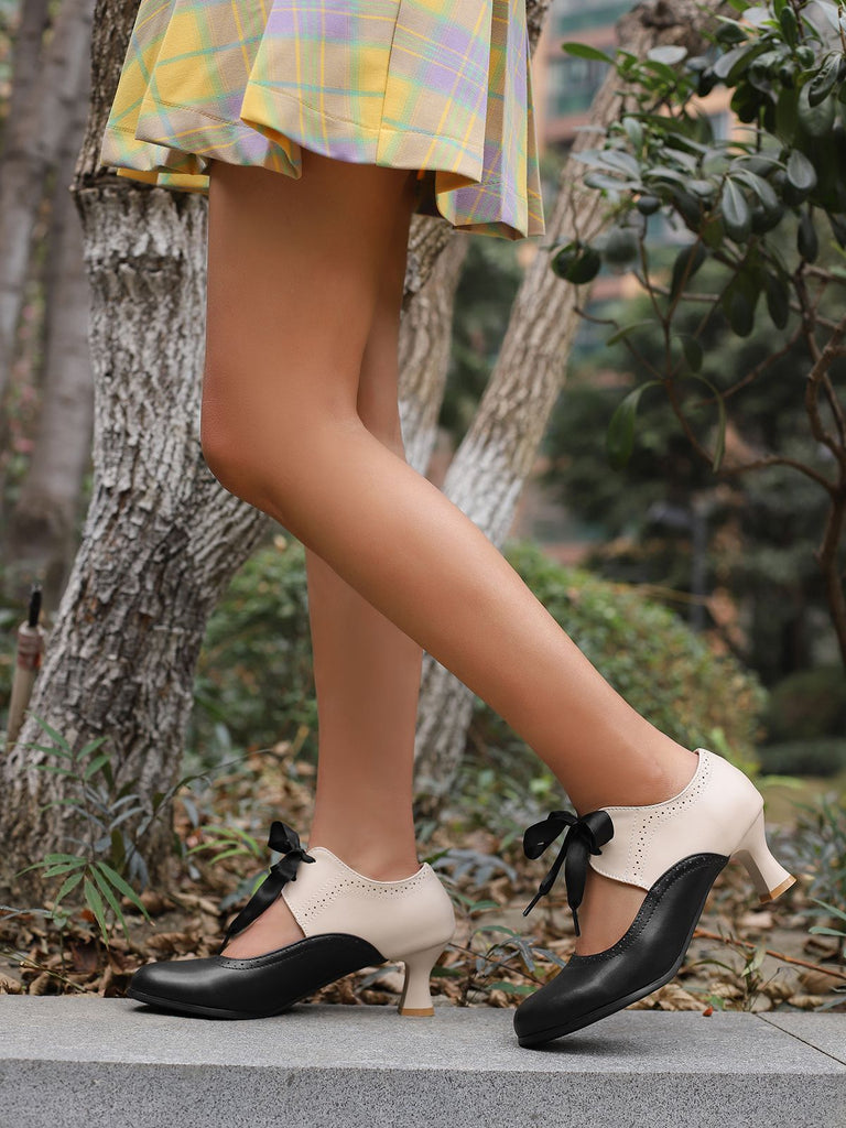 Vintage Farbblock Schnürung Kitten Heel Schuhe