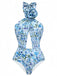 Blau 1930er Halter Blumen 3D-Rose Badeanzug