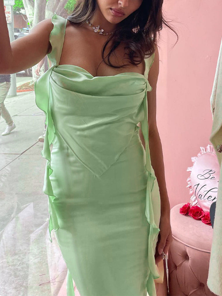 1970er Solide Satin Rüschen Rückenfrei Gerüschtes Kleid