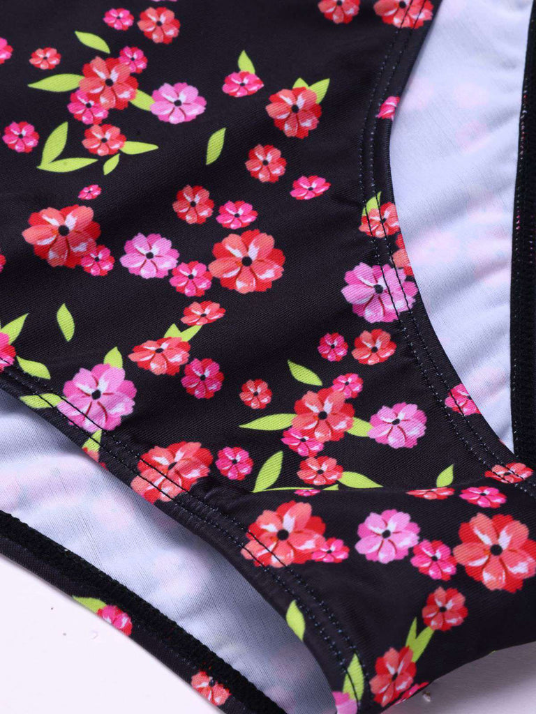 Schwarz 1940er Kleine Blumen Schnürung Tankini Set