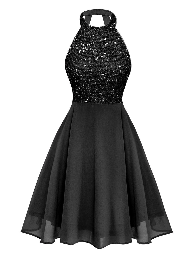 1950er Solide Perlen Pailletten Ärmellos Patchwork Kleid