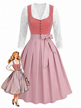 Rosa 50er Oktoberfest-Dirndl-Set mit Spitzentop und Schürze