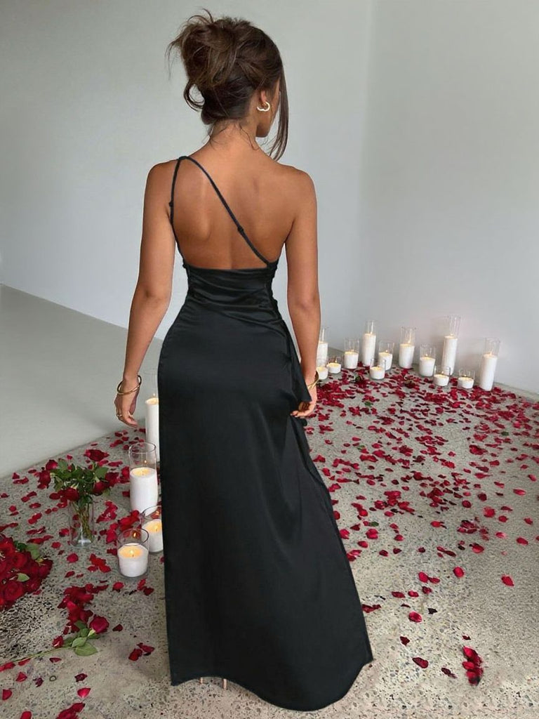 1960er Eine Schulter Gerüscht Schlitz Satin Kleid