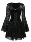 Schwarz 1960er Gothic Beflocktes Kleid