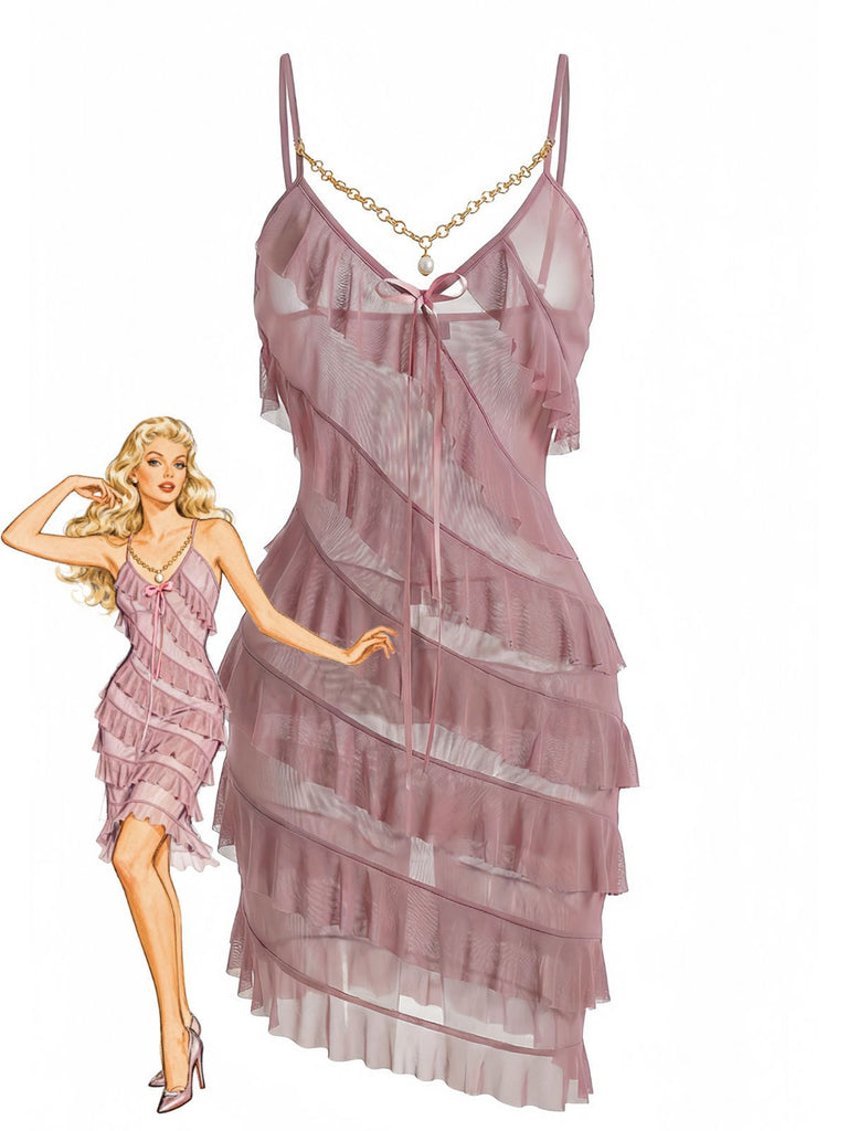 1960er Kette Perle Rüschen Spaghetti Strap Nachthemd