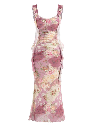 [Vorverkauf] Rosa 1960er Blumen Rüschen Detail Maxi Kleid