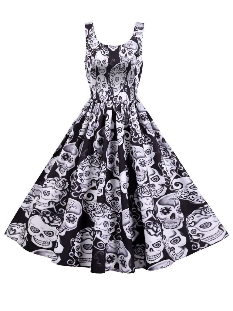 1950er Halloween Schädel Ärmellos Swing Kleid