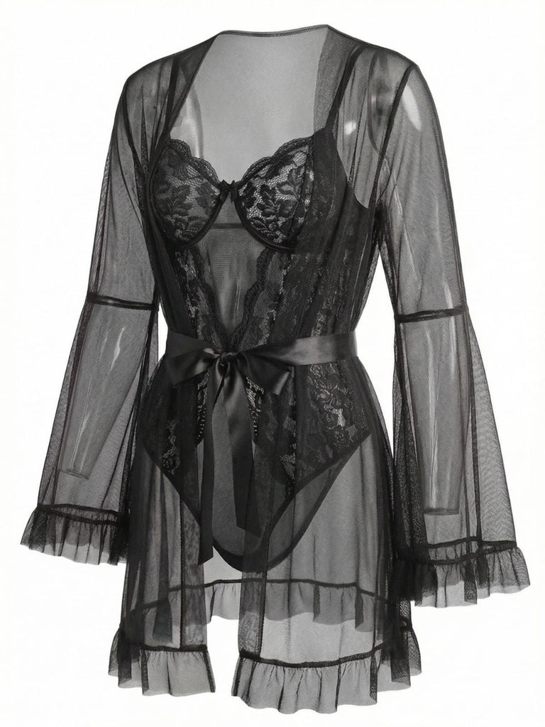 [Vorverkauf] 1960er Solide Transparent Spitze Patchwork Nachtwäsche Set