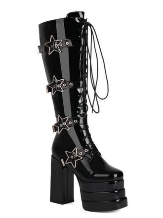Glänzend schwarzes Stern Taste Gothic Platform High Heels Stiefel
