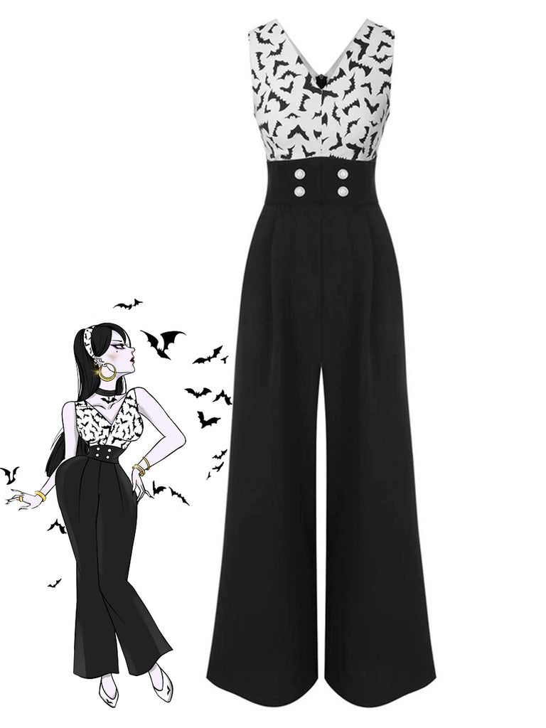 Schwarz 1930er Halloween Fledermaus Patchwork Jumpsuit