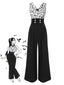 Schwarz 1930er Halloween Fledermaus Patchwork Jumpsuit