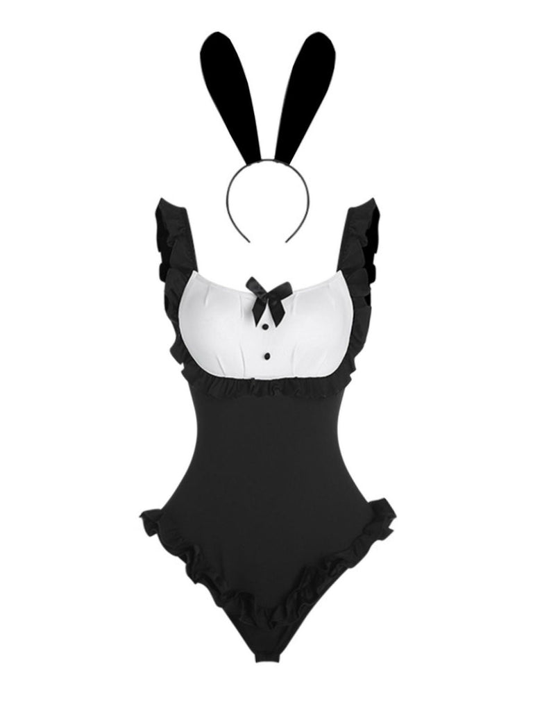 Schwarz 1980er Häschen Mädchen Body Freizeitkleidung Set