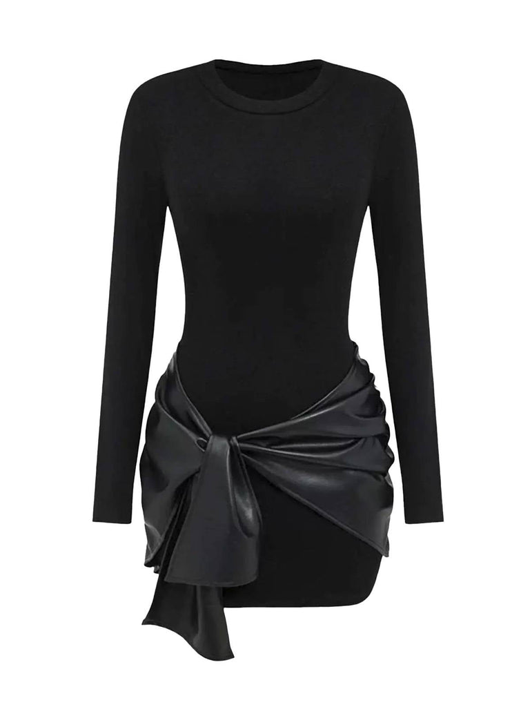 1980er Faux Leder Bogen Langarm Kleid