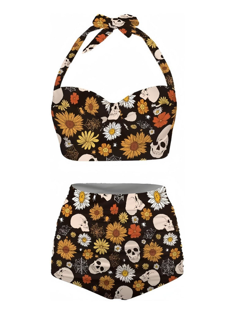 Schwarz 1950er Blumen Schnürung Halter Bademode