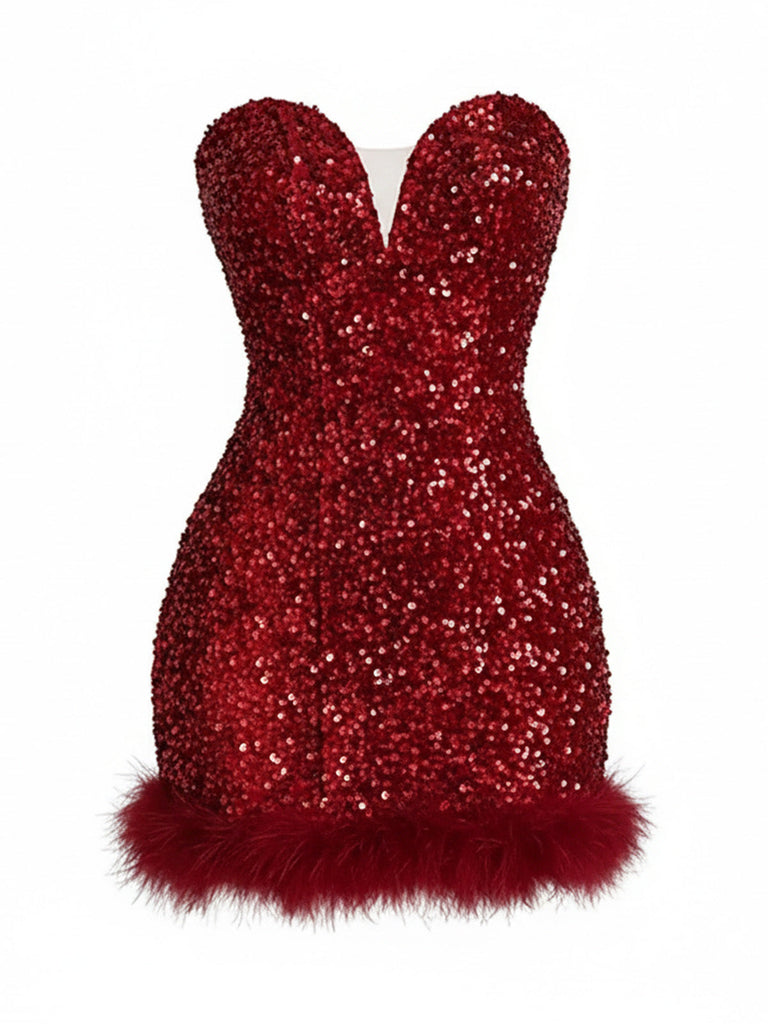 Weinrotes 80er trägerloses Minikleid mit Pailletten und Federbesatz