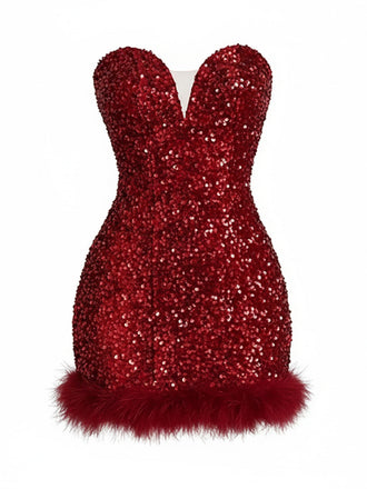 Weinrotes 80er trägerloses Minikleid mit Pailletten und Federbesatz