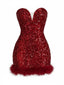 Weinrotes 80er trägerloses Minikleid mit Pailletten und Federbesatz