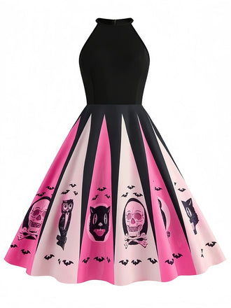 Rosa 1950er Halloween Skeleton Drucken Swing Kleid
