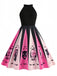 Rosa 1950er Halloween Skeleton Drucken Swing Kleid