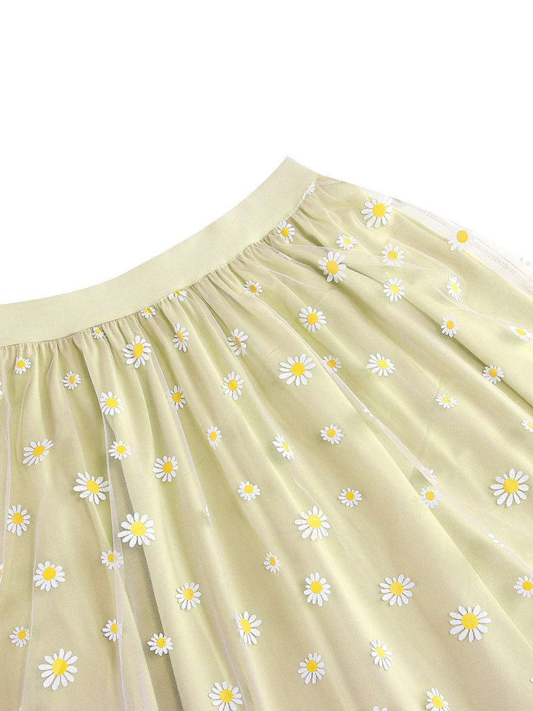 1940er Gänseblümchen Netz Hohe Taille A-Linie Rock