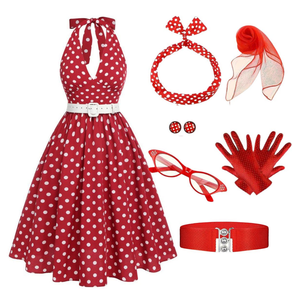 [Vorverkauf] Rot 1950er Polka Dot Halter Kleid Mit Accessoires Set