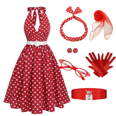 [Vorverkauf] Rot 1950er Polka Dot Halter Kleid Mit Accessoires Set
