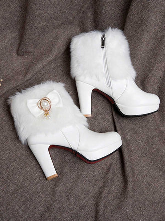 Weißes Spitz Zulaufende High Heels Pelzschleife
