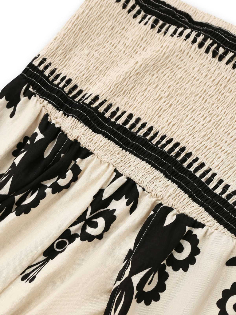 Aprikose 1970er Boho Trägerlos Gesmokt Jumpsuit