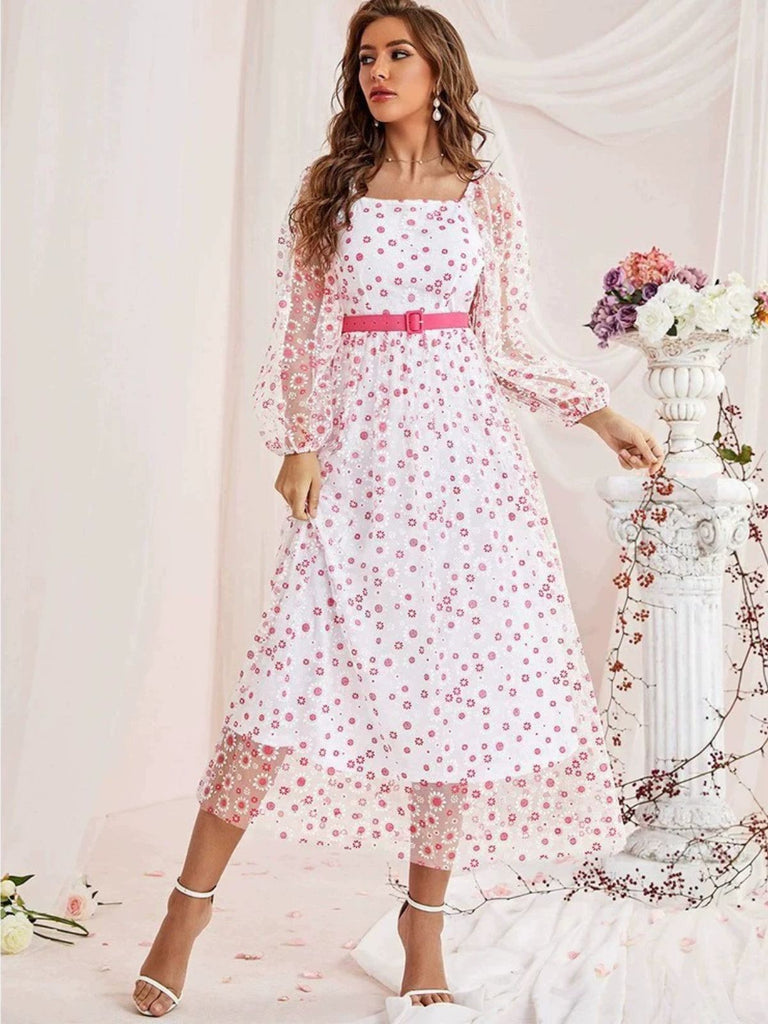 1940er Blumen Quadratischer Hals Gürtel Kleid